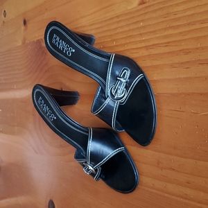 FRANCO SARTO - Black Kitten Heel Slides w/Small Buckle, Wht. Stitching Size 11